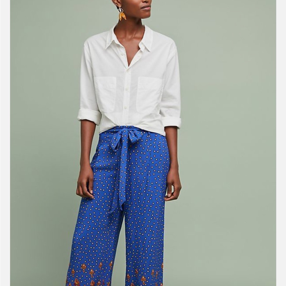 Anthropologie ett:twa Printed Wide-Leg Trousers Blue Boho Tie Waist Pants SZ 00